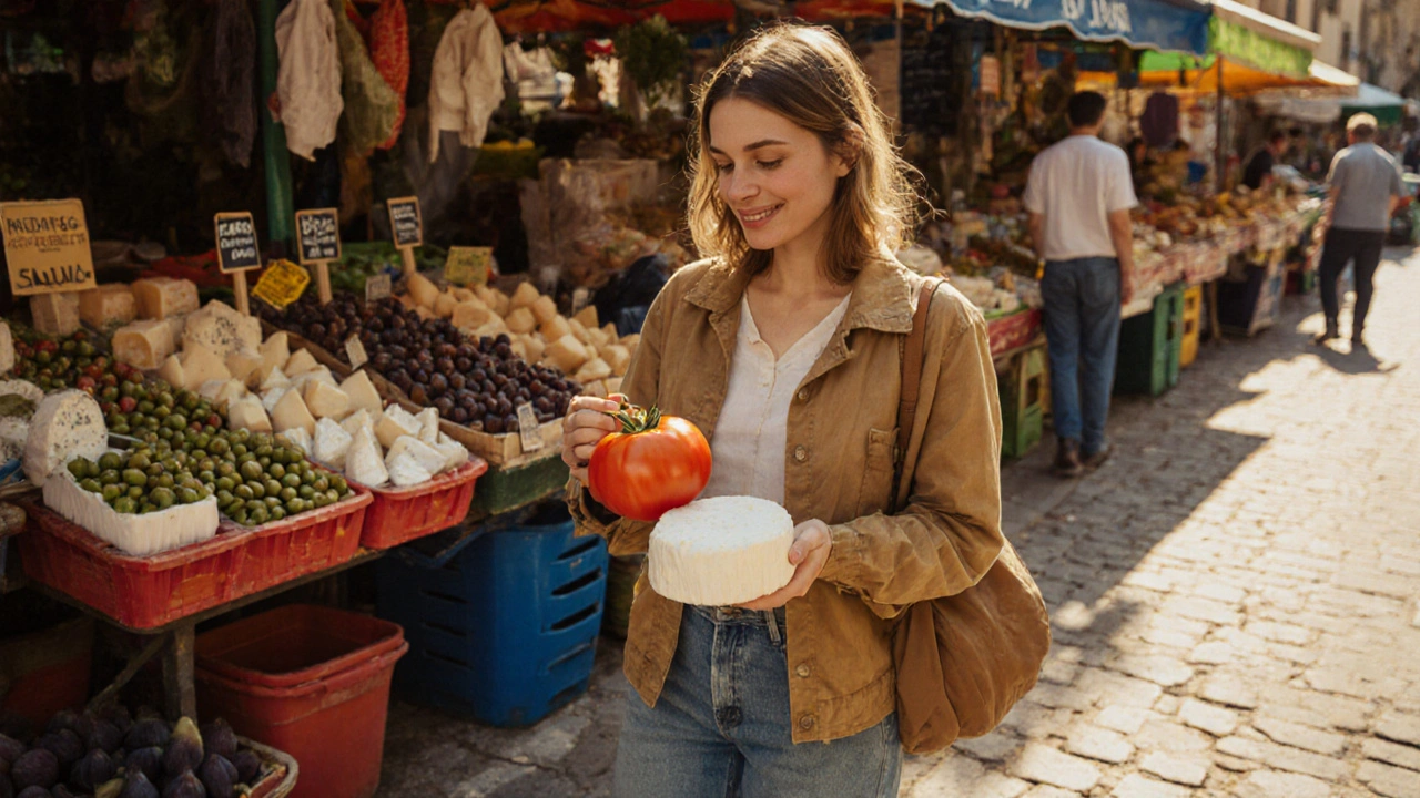 Cestovatel si koupí čerstvé rajčata a mozzarellu na trhu v Jižní Evropě.