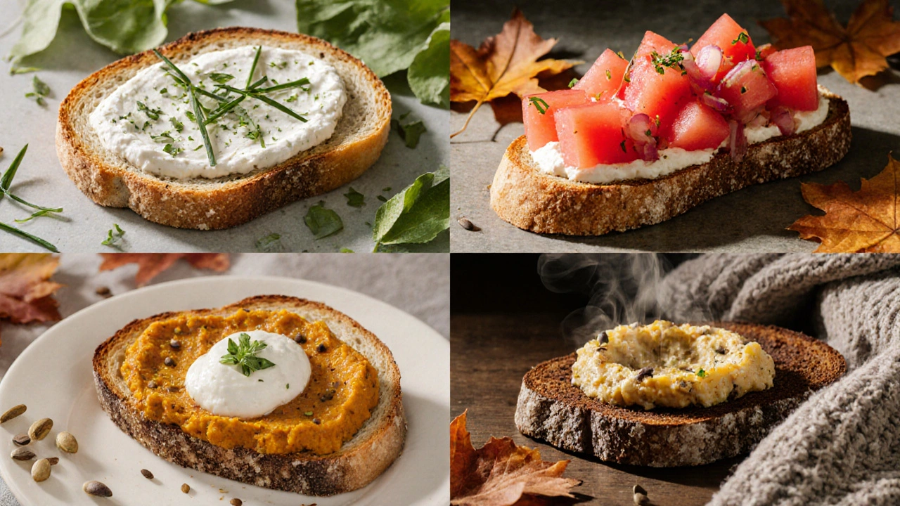 Čtyři sezónní pomazánky na chlebu: ricotta s bylinkami, melounová salsa, dýňová pomazánka a bramborová s česnekem.