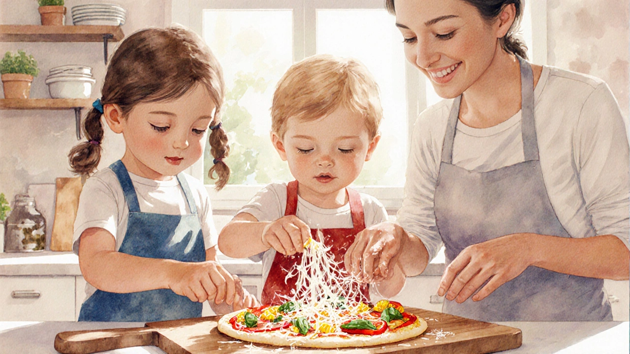 Děti zdobí domácí pizzu s různými přísadami za přítomnosti rodiče.