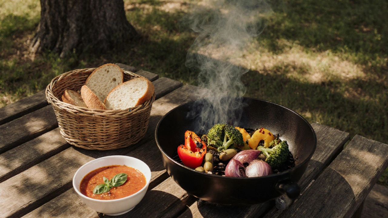 Grilovaná zelenina na venkovním stole s chlebem a chladnou rajčatovou polévkou.