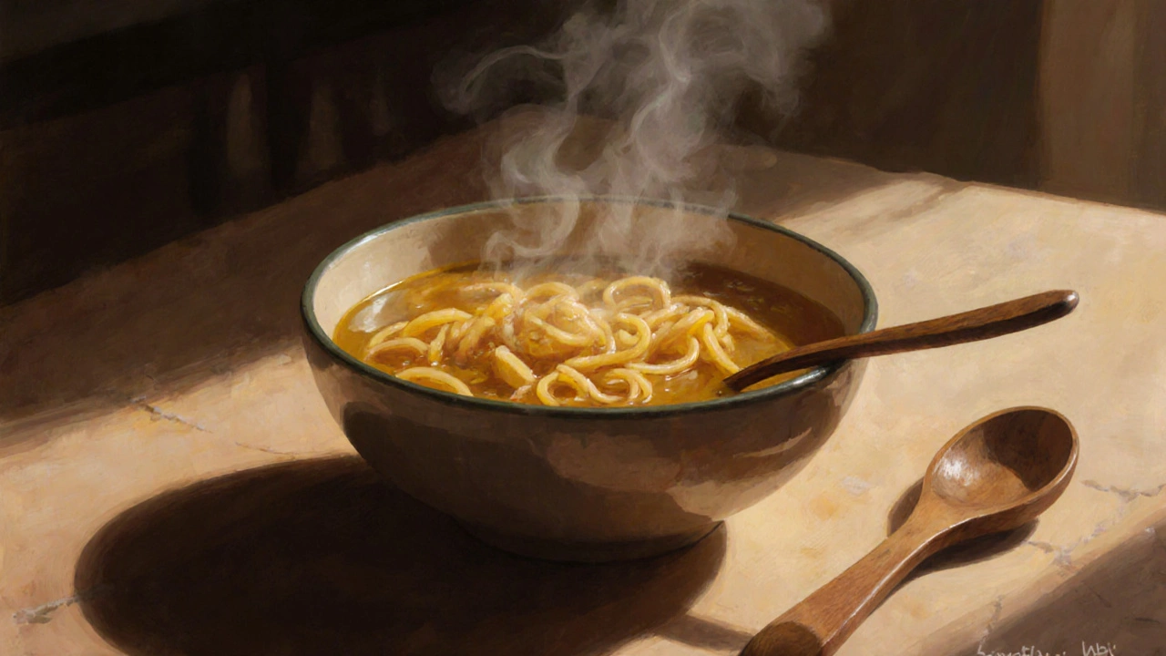 Horká polévka s čerstvými domácími nudlemi ve šálku, odpařující pára.