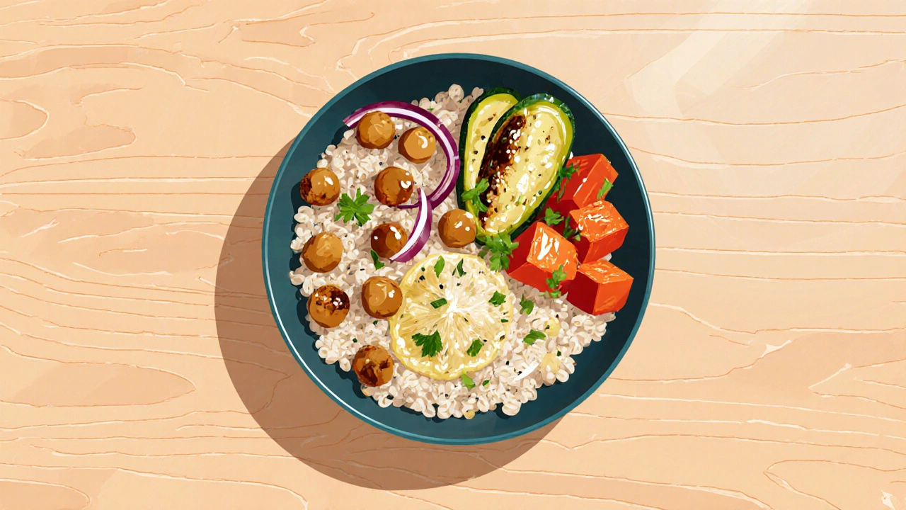 Quinoa bowl s pečenou paprikou, cuketou, červenou cibulí, cizrnou a koriandrem, podávaná v barevném misce.