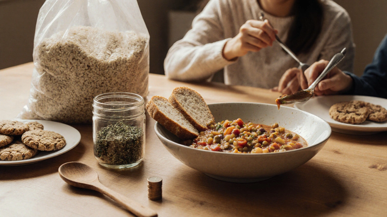 Rodina jí šťavnatou polévku z čočky s domácími koláčky na stole.