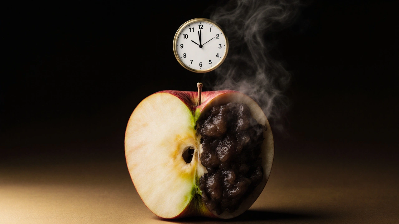 Rozdělené jablko: jedna polovina čerstvá, druhá převařená do bláta.