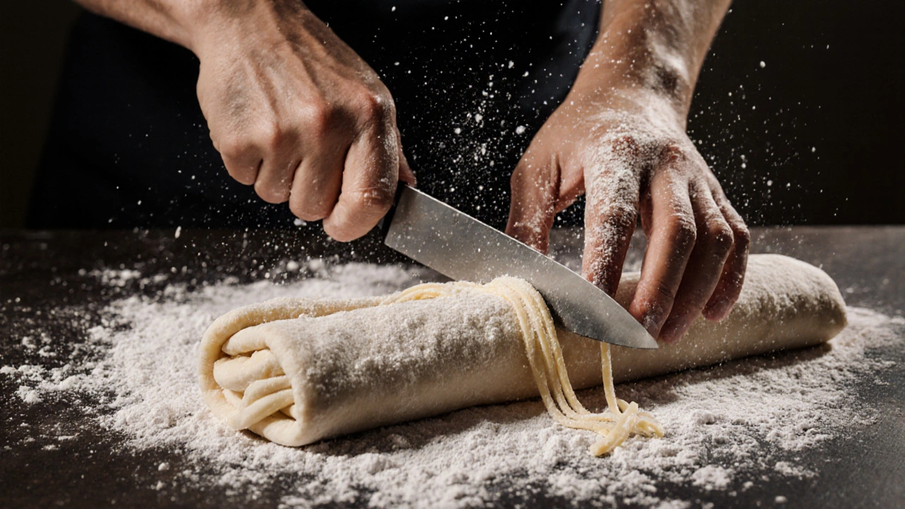 Ruce řežou nudle z tenkého těsta na vymáčknuté desce.