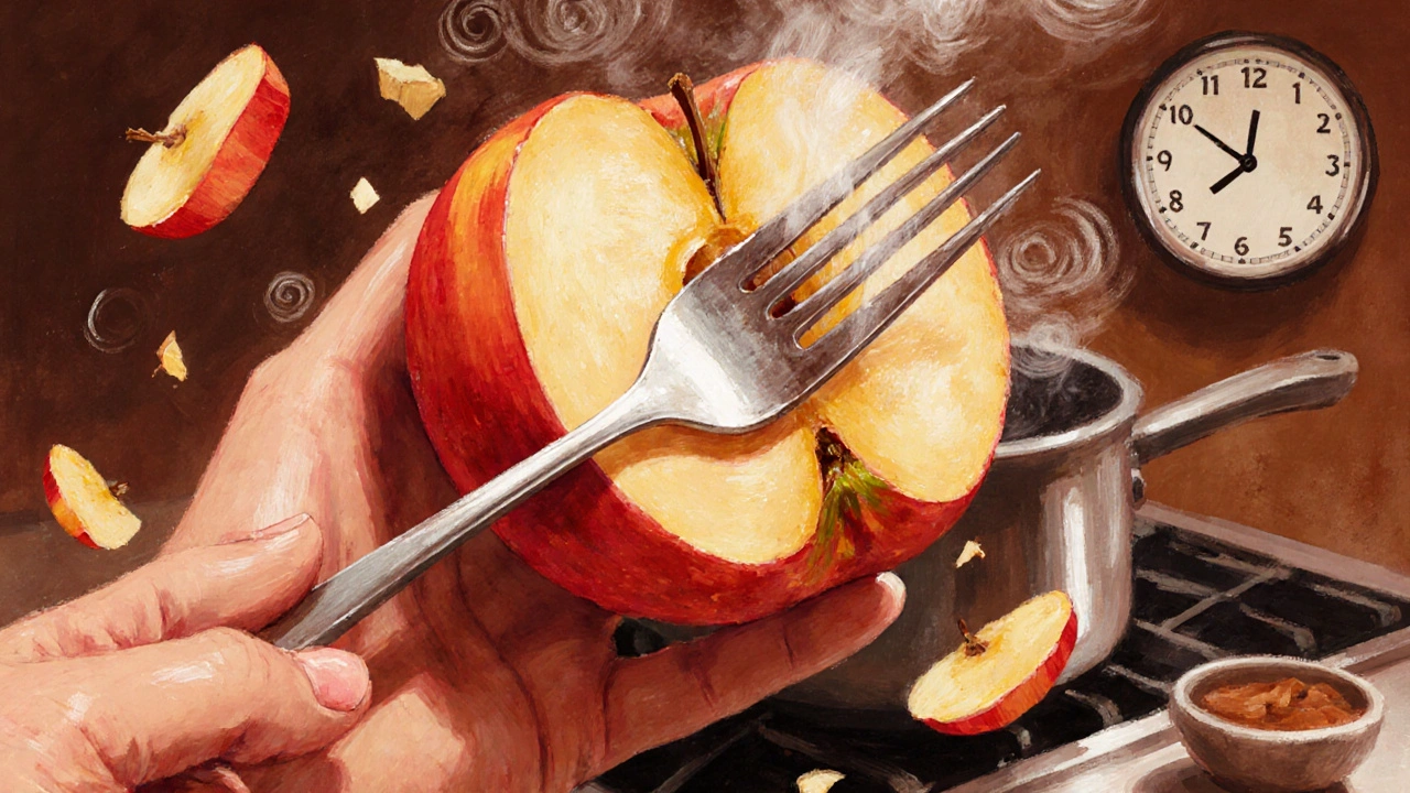 Rukou držená vidlička pronikající měkkým jablkem, které se lehce roztírá.