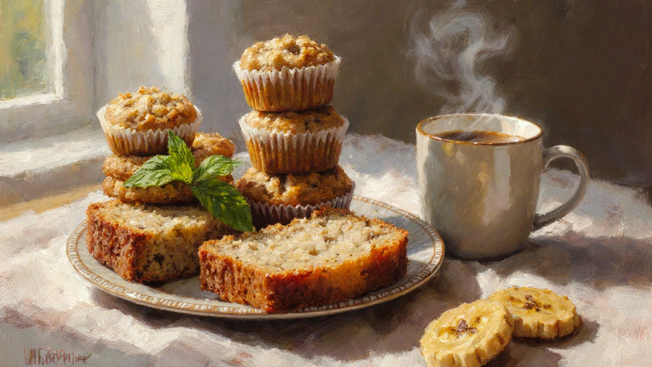 Talíř s čerstvým banánovým chlebem, muffiny a sušenkami, vedle šálku kávy.