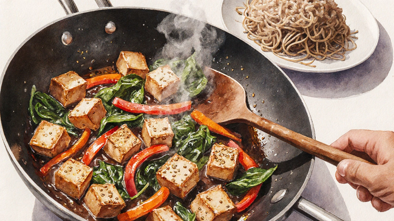 Tofu stir-fry s červenou paprikou, mrkví, špenátem, sezamovým dresinkem, podávané s hnědou rýží v pánvi.