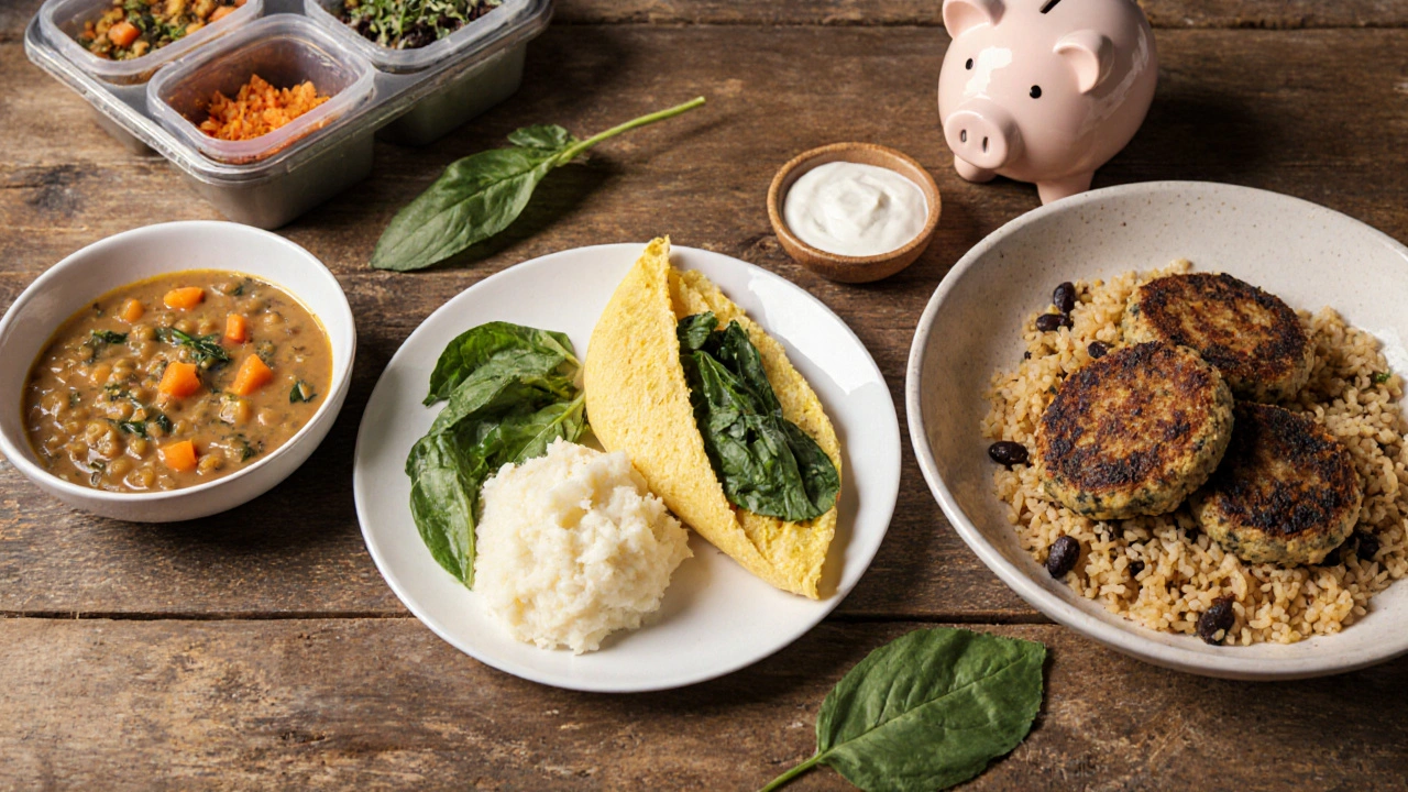 Tři úsporná jídla – čočkový guláš, vaječná omeleta i rýžové placičky.