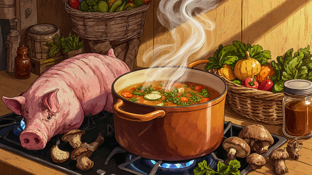 Varící vývar s kostmi a sušenými houbami na sporáku.