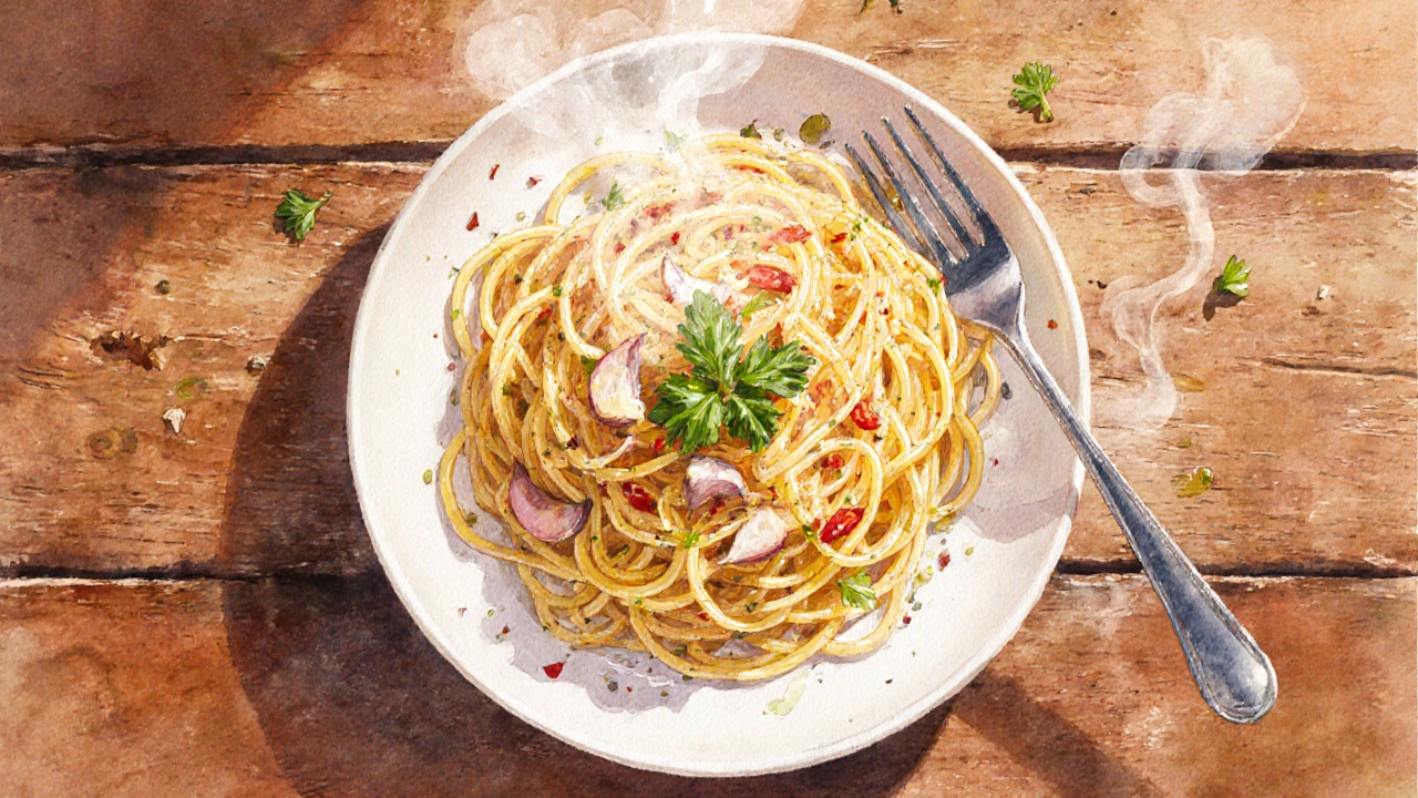 Záběr zhora na talíř špaget aglio e olio s česnekem, chilli a petrželí.
