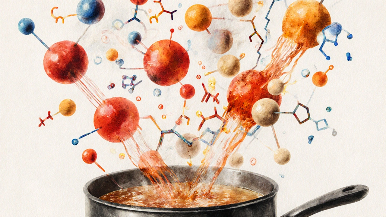 Abstraktní ilustrace chemických reakcí při tepelné úpravě potravin: bílkoviny, škrob a cukry v pohybu