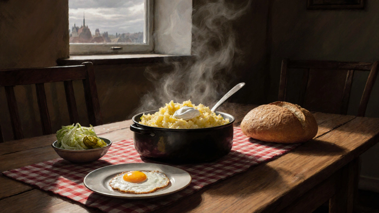 Bramborová kaše s vejcem a kyselou kapustou na českém stole.