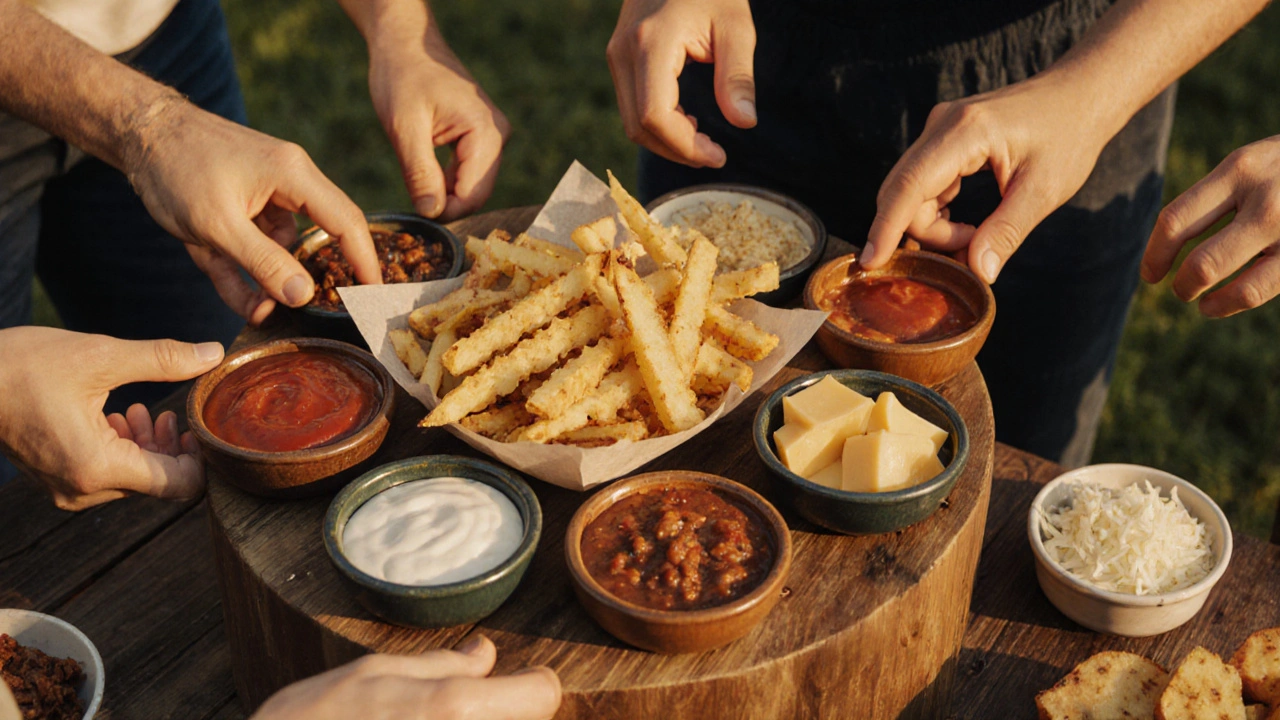 Bramborová stánka s omáčkami a přílohami na večírku.