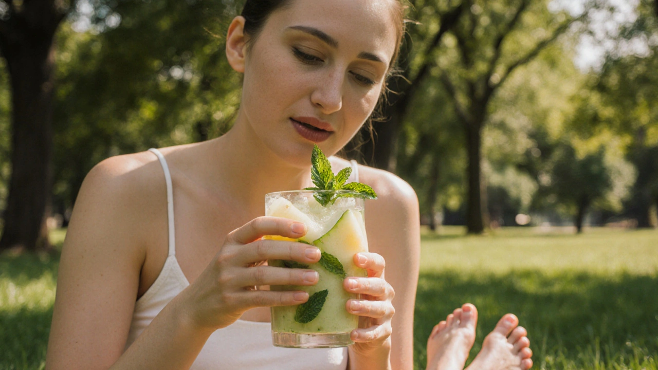 Čerstvý melounový nápoj s mintou v sklenici, pít na trávě v teplém dni.