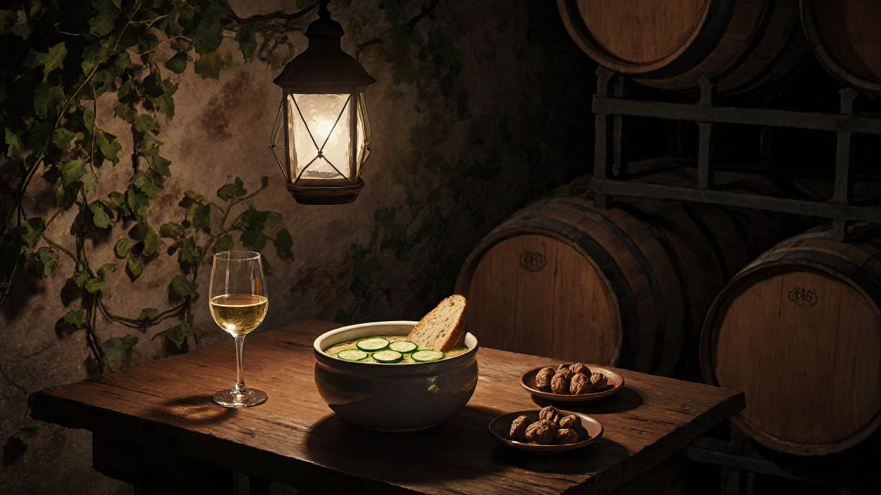 Chladná česneková polévka a víno na dřevěném stole v sklepě na Malé Straně.