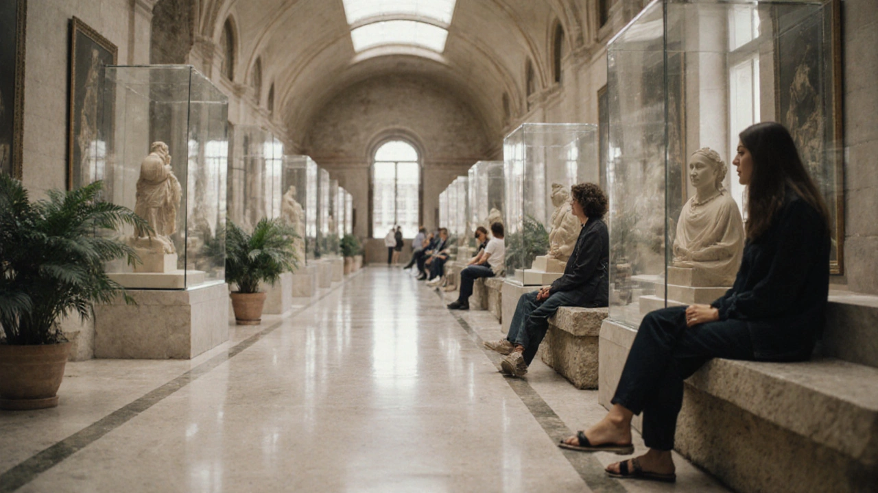 Chladná chodba Národního muzea v Praze s návštěvníky v klidu vedle výstav.