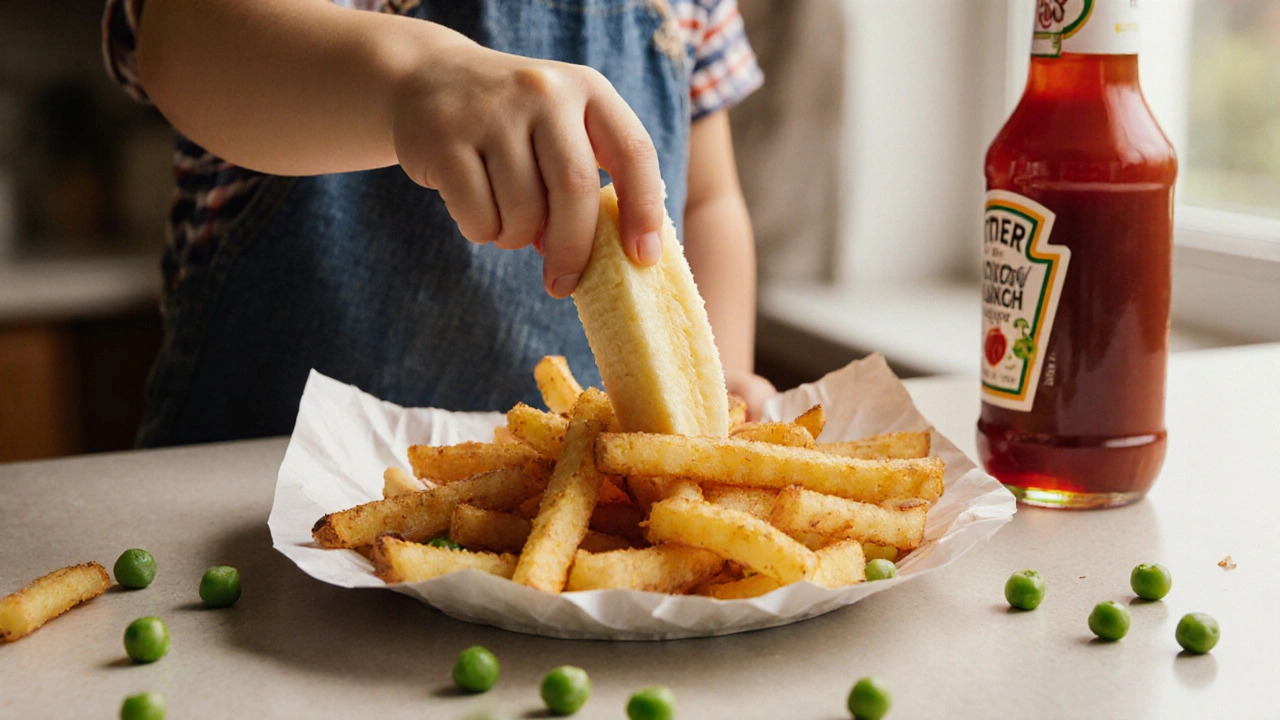 Dítě kladoucí banán vedle brambor a ketchupu na papírovém talíři.