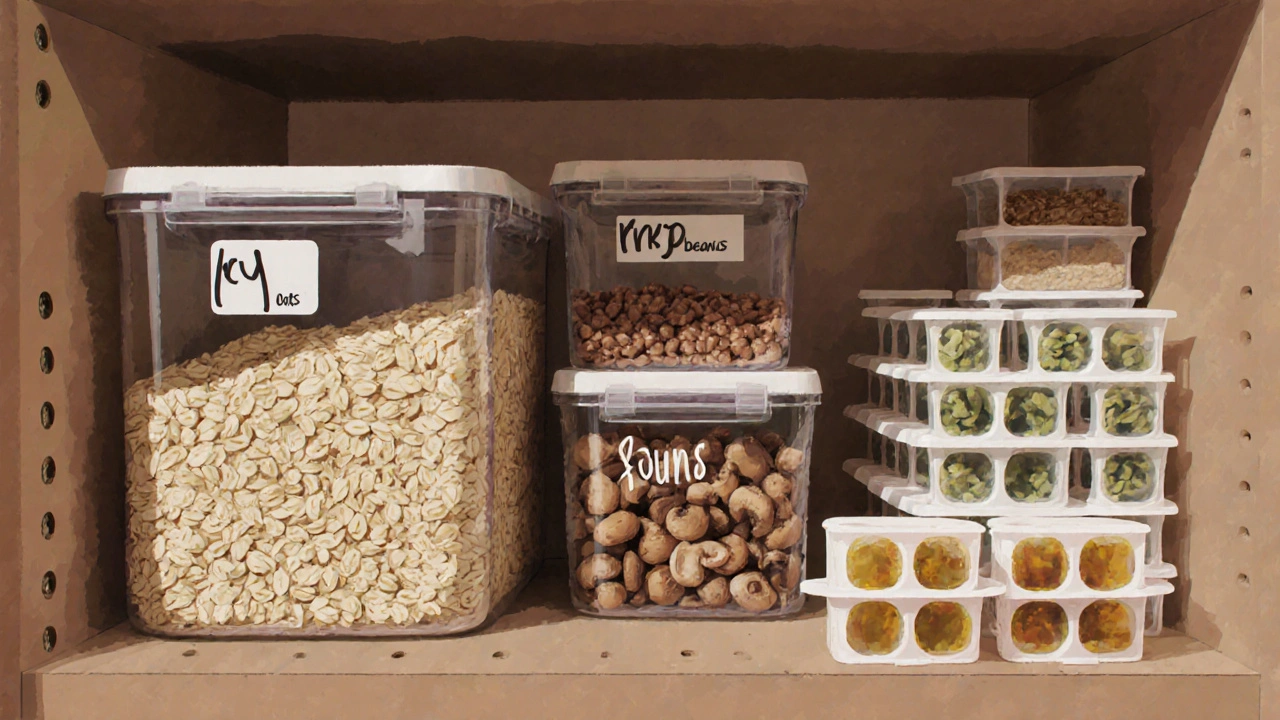 Dobře uspořádaná pokladna s velkými nádobami na rýži, ovesné vločky a sušené houby.
