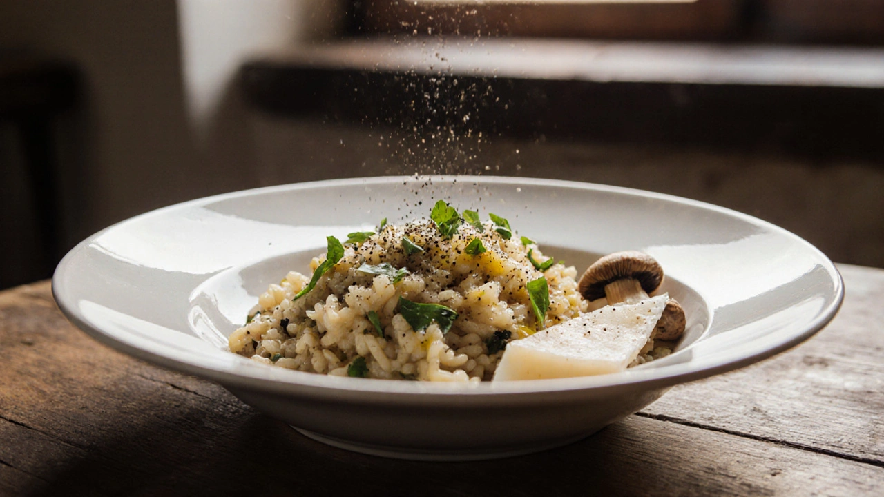 Dokončené rizoto v misce s petrželkou, černým pepřem a olejem, s kouskem parmezánu a hříbkem na straně.