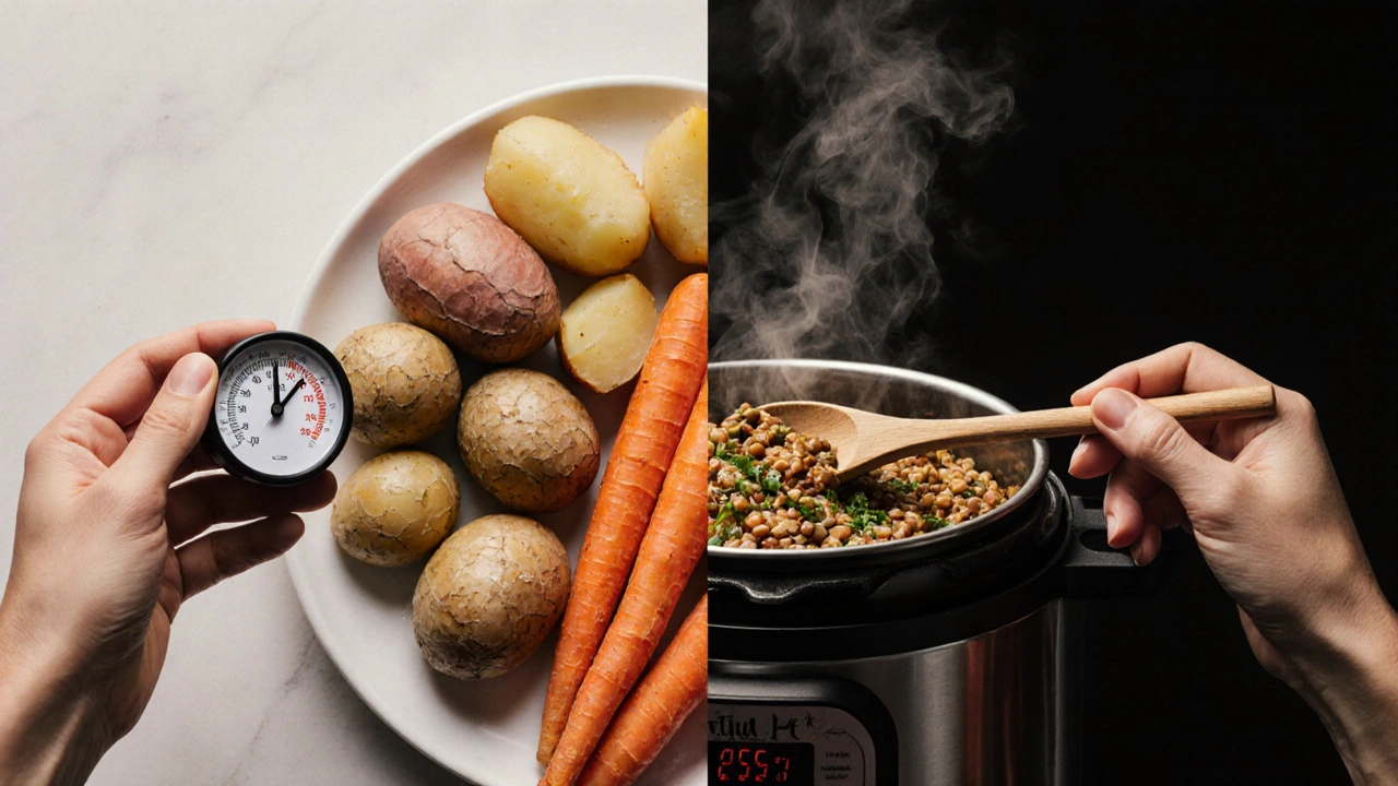 Dvě poloviny jídla: syrové suroviny na levé straně, tepelně upravené na pravé se vznikající parou