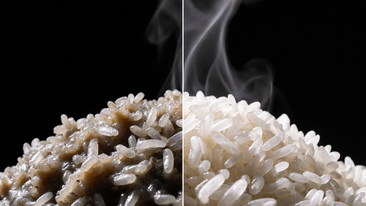 Dvě verze rýže: lepkavá na levé straně, dokonalá na pravé – symbol úspěchu při vaření.