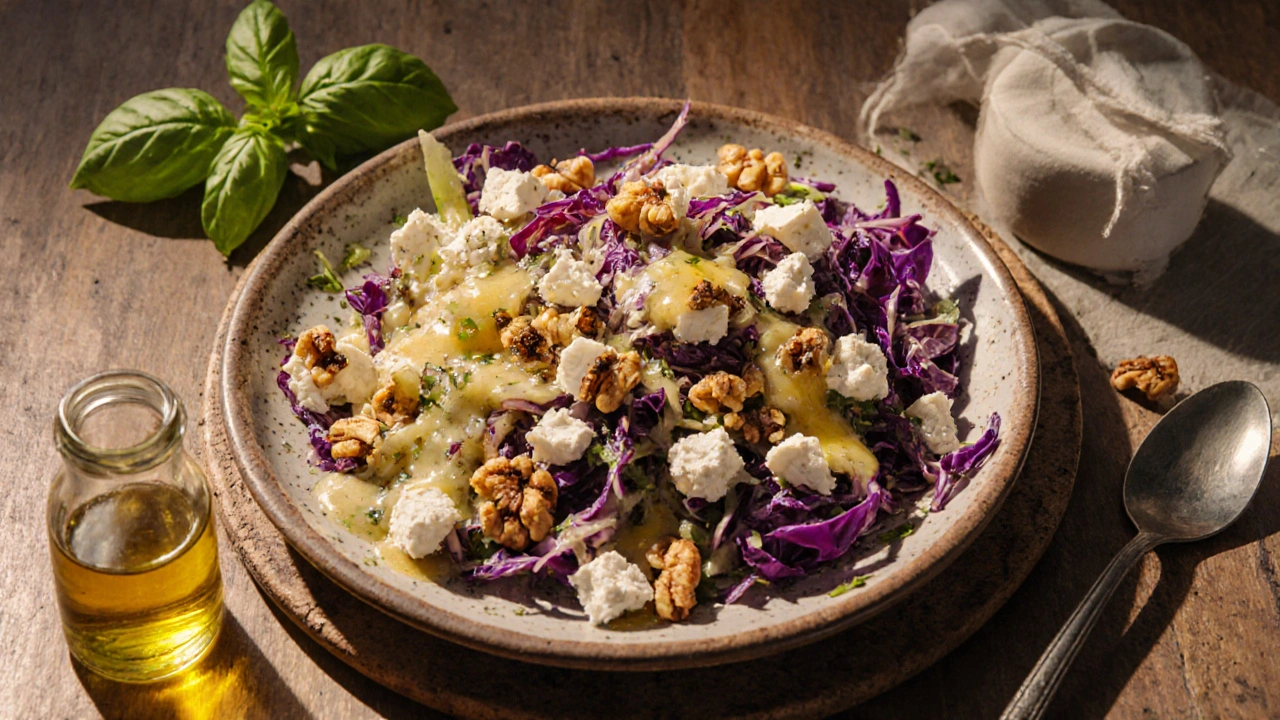 Grilované zelí s feta, vlašskými oříšky a medovou šťávou na keramickém talíři.
