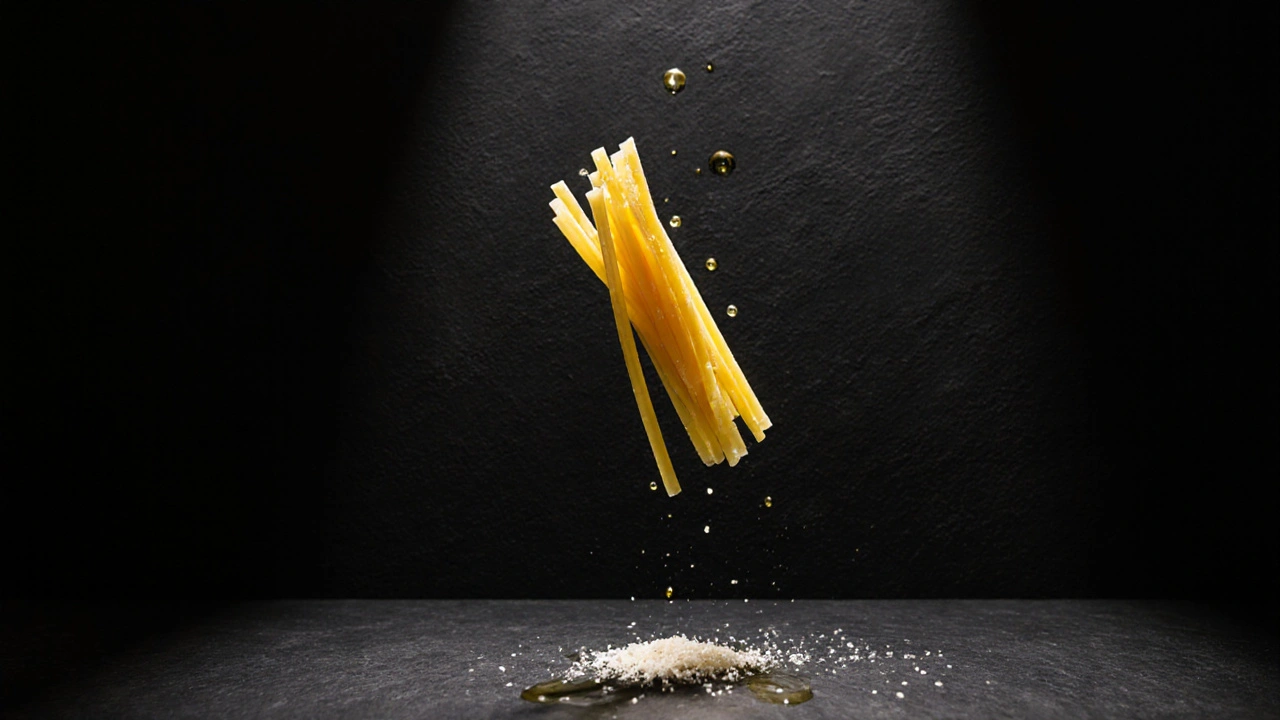 Jedna tenká vlákna capellini visící ve vzduchu s kapkami oleje a sýrem