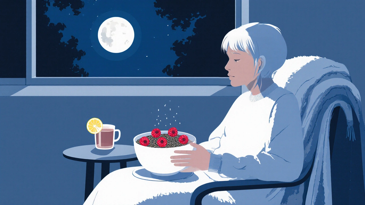 Jogurt s malinami a šálkem bylinného čaje na nočním stole.