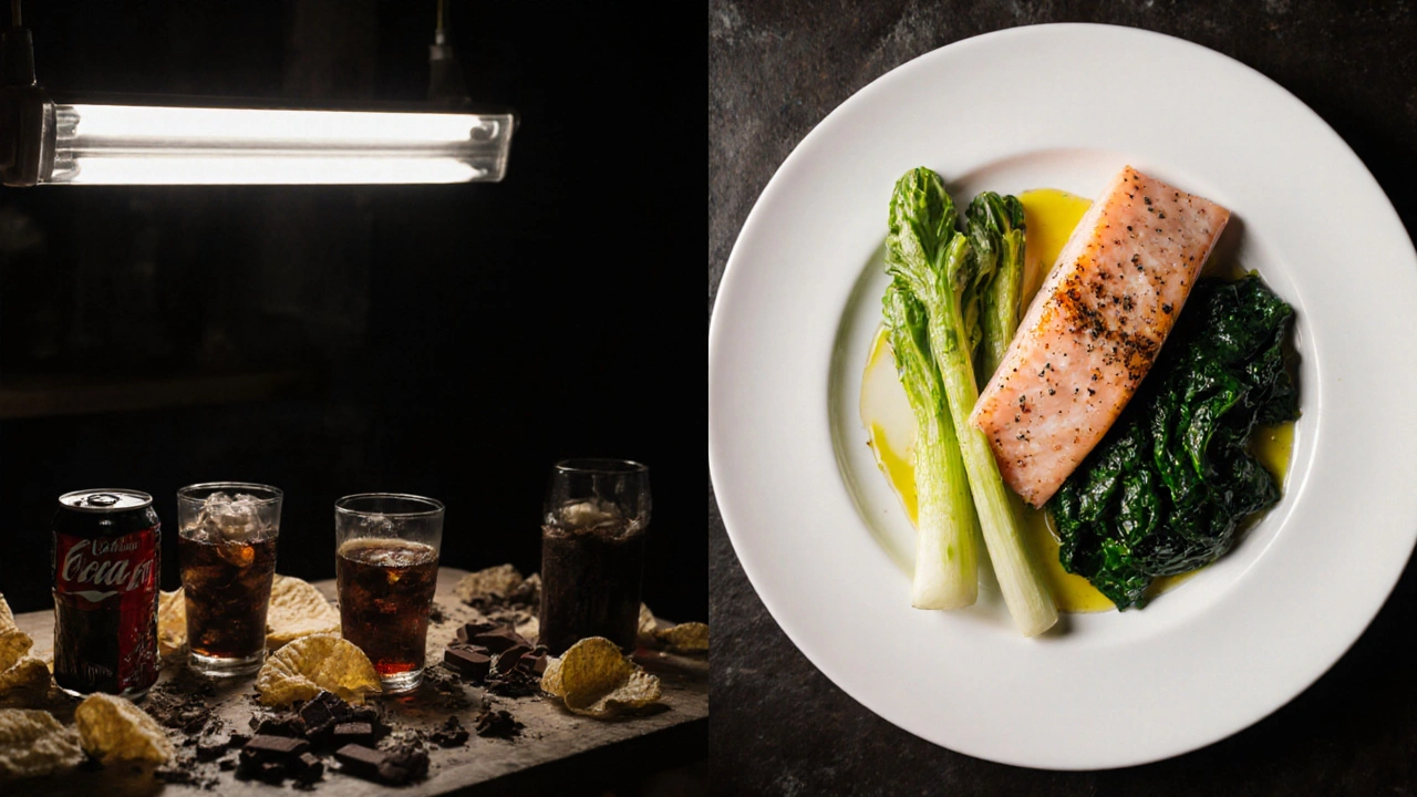 Kontrast mezi nezdravými a zdravými večerními jídly na stole.