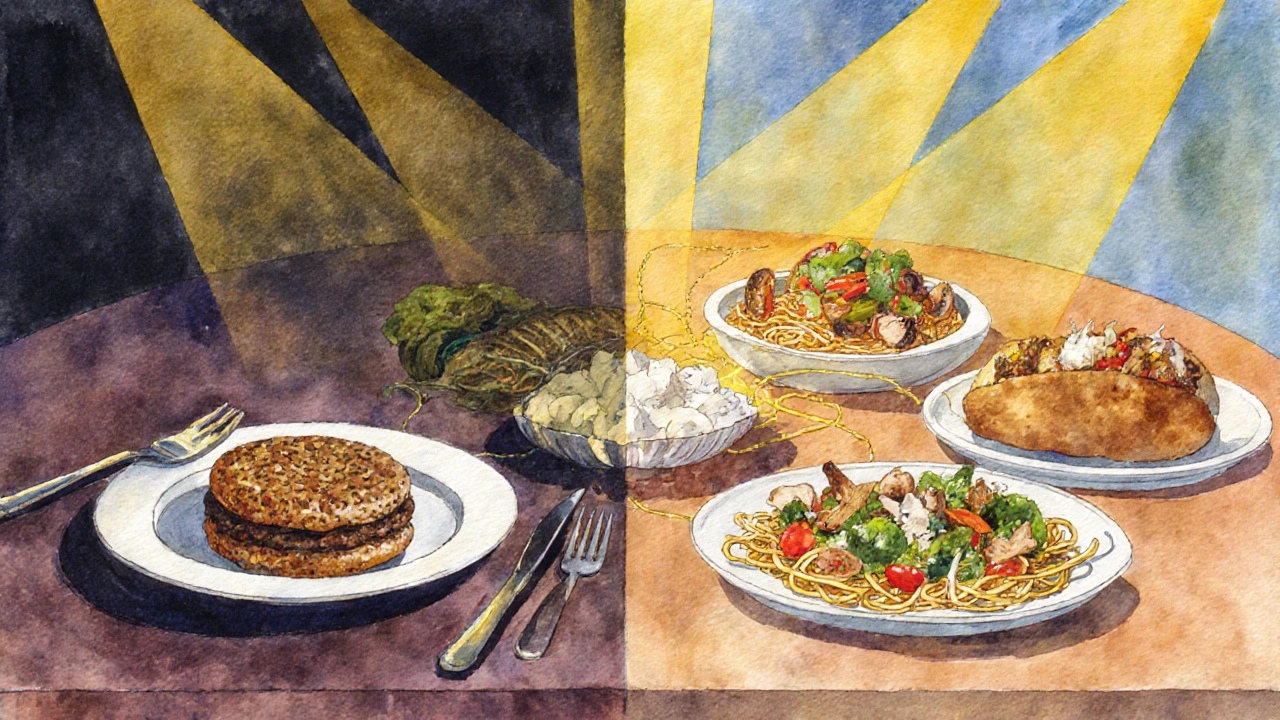 Kontrastní scéna: tradiční masové jídlo vs. barvité rostlinné pokrmy na stole.