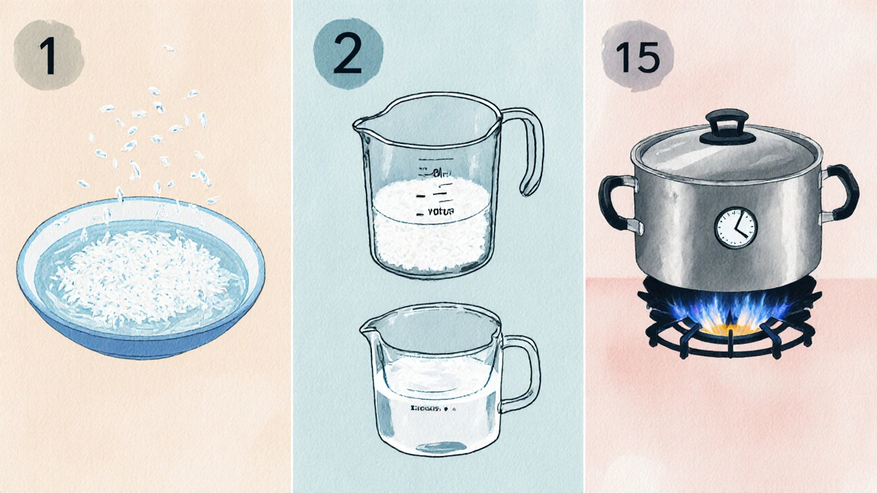 Krok za krokem příprava rýže: prání, míření vody a vaření na slabém ohni.