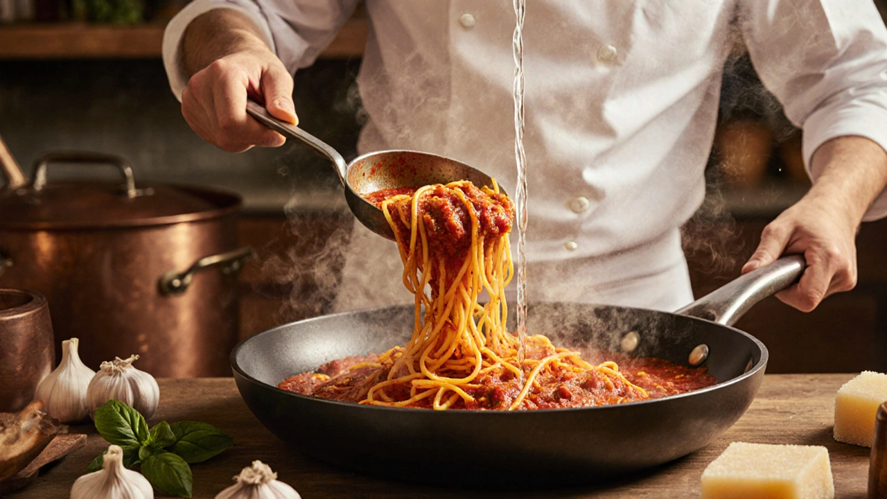 Kuchař míchá spaghetti s omáčkou a přidává vodu z vaření.