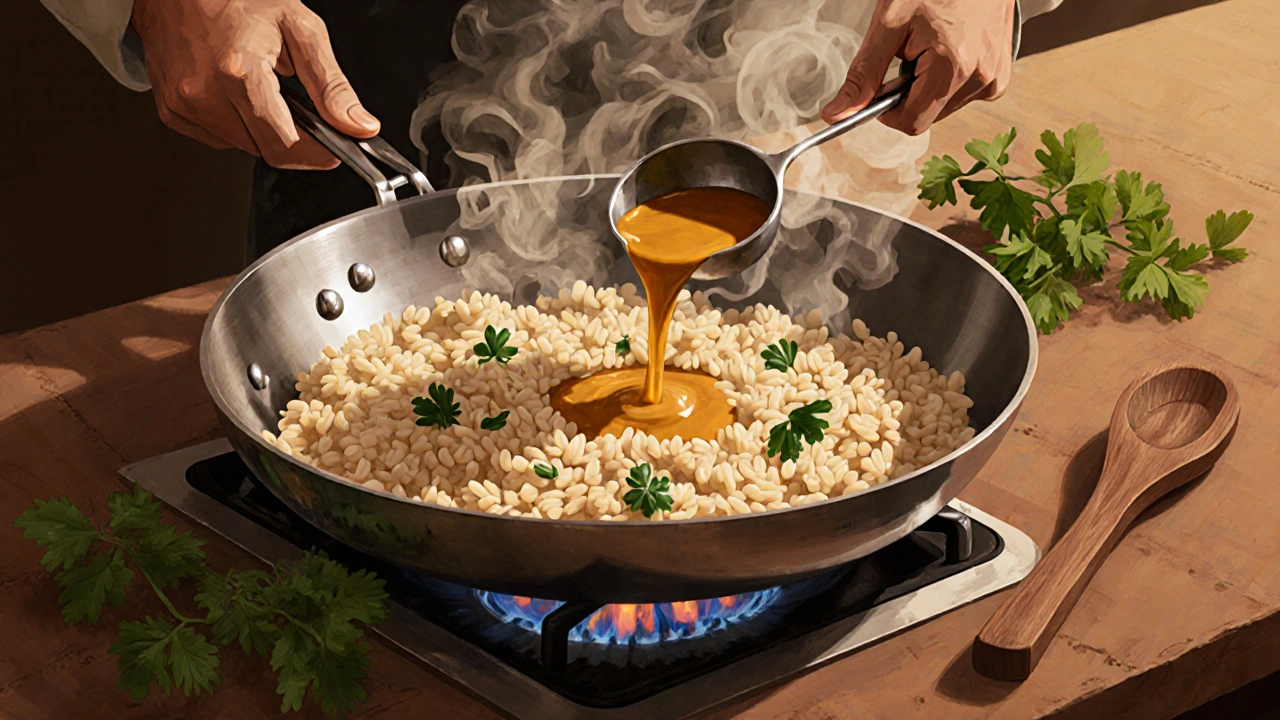 Kuchař pomalu míchá rizoto v široké pánvi, přidává teplý vývar lžící za lžící, pára stoupá do vzduchu.