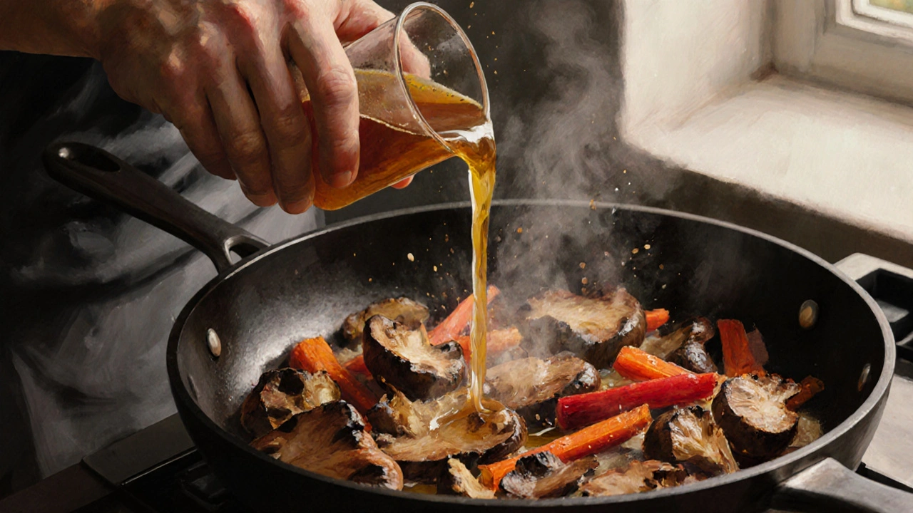 Kuchař přidává vývar do horké pánve se zhnědnutou zeleninou, vzniká pára.