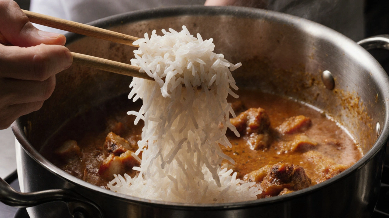 Kuchař rozkládá vařenou basmati rýži, zrnka jsou samostatná.