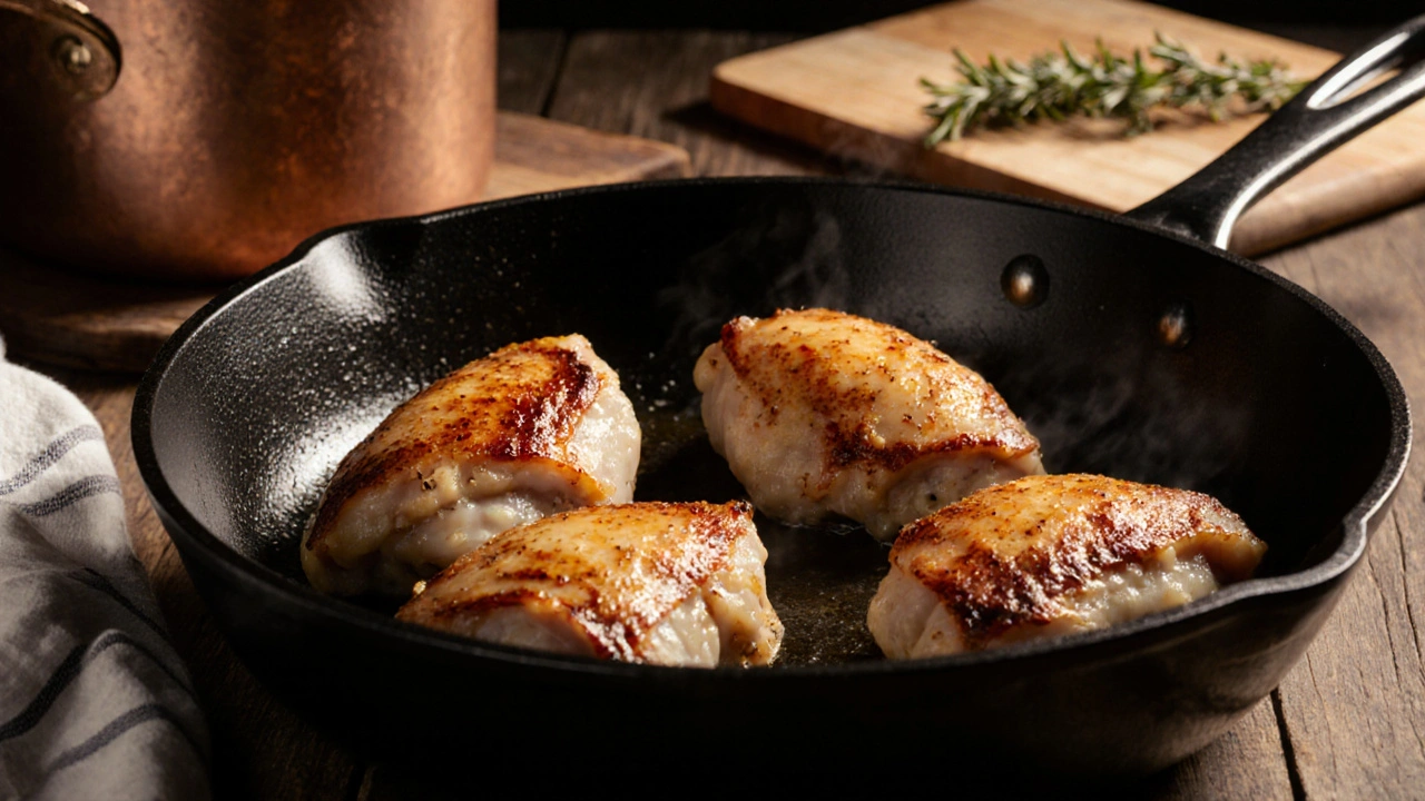 Kuřecí stehná s křupavou kůží na černé pánvi