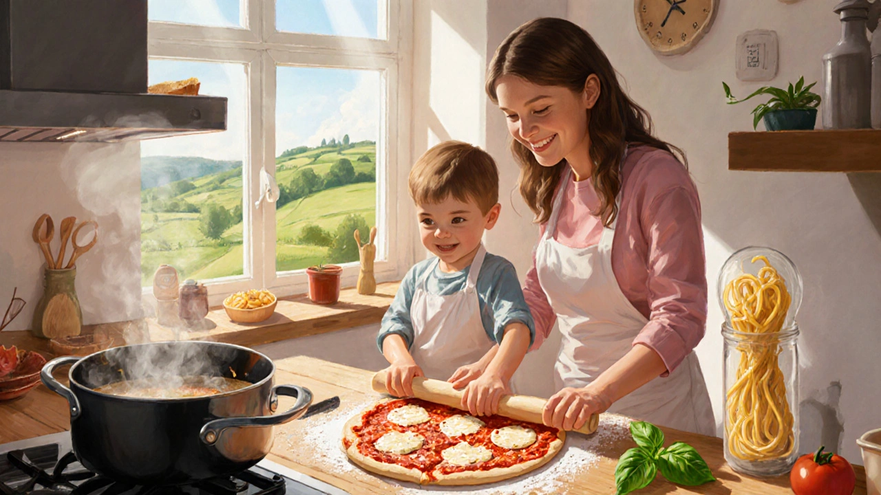 Matka a dítě připravují domácí pizzu na kuchyňském stole s rajčatovou omáčkou a sýrem.