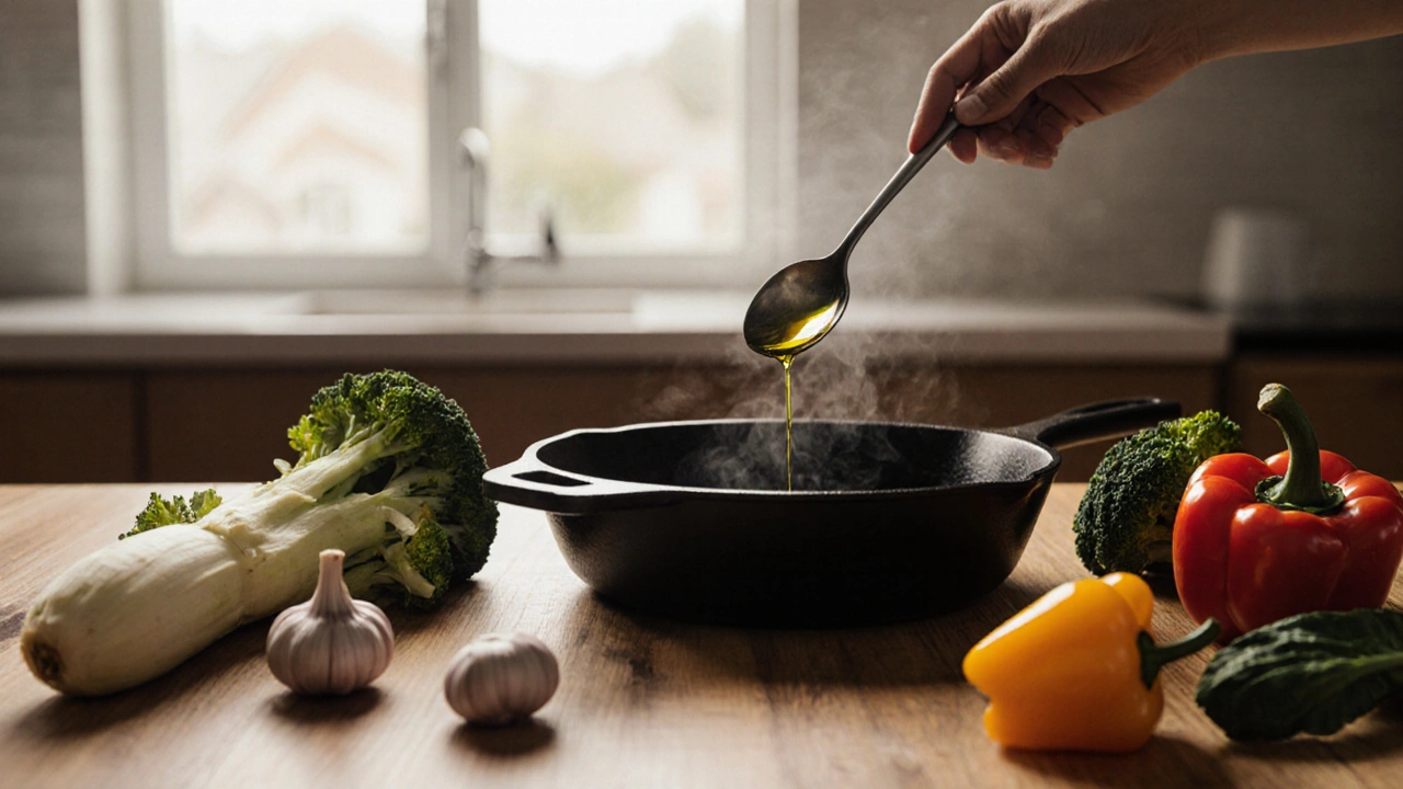 Minimální složení: kovová pánve s čerstvou zeleninou a kapkou oleje na dřevěném stole.