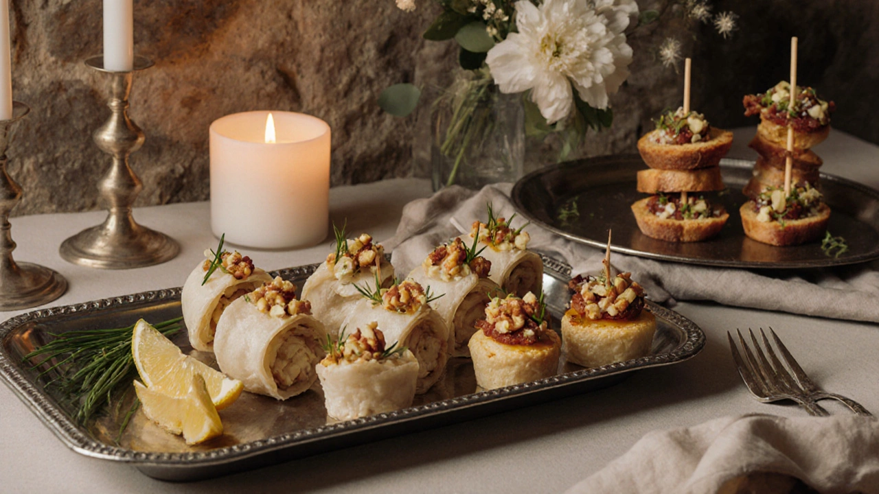 Na kovových podnosích jsou elegantské kousky jídla s květinami pro svatbu.