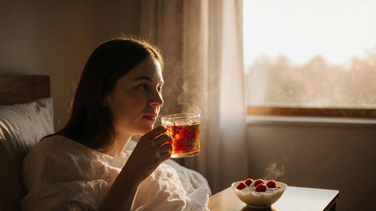 Osoba se probouzí s teplým čajem a jogurtem, slunce v okně, klidné ráno.