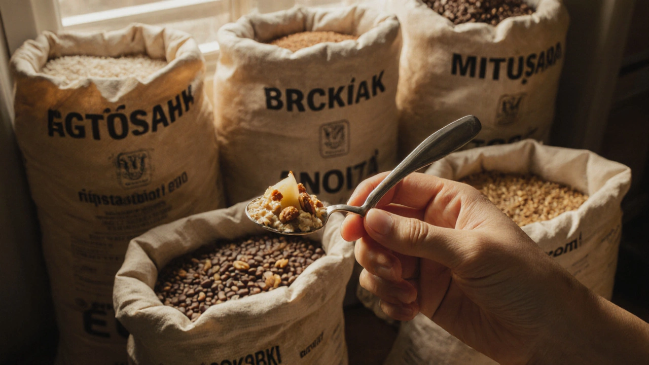 Ovesná kaše s jablkem a medem v lžíci, pozadí s pytle potravin.