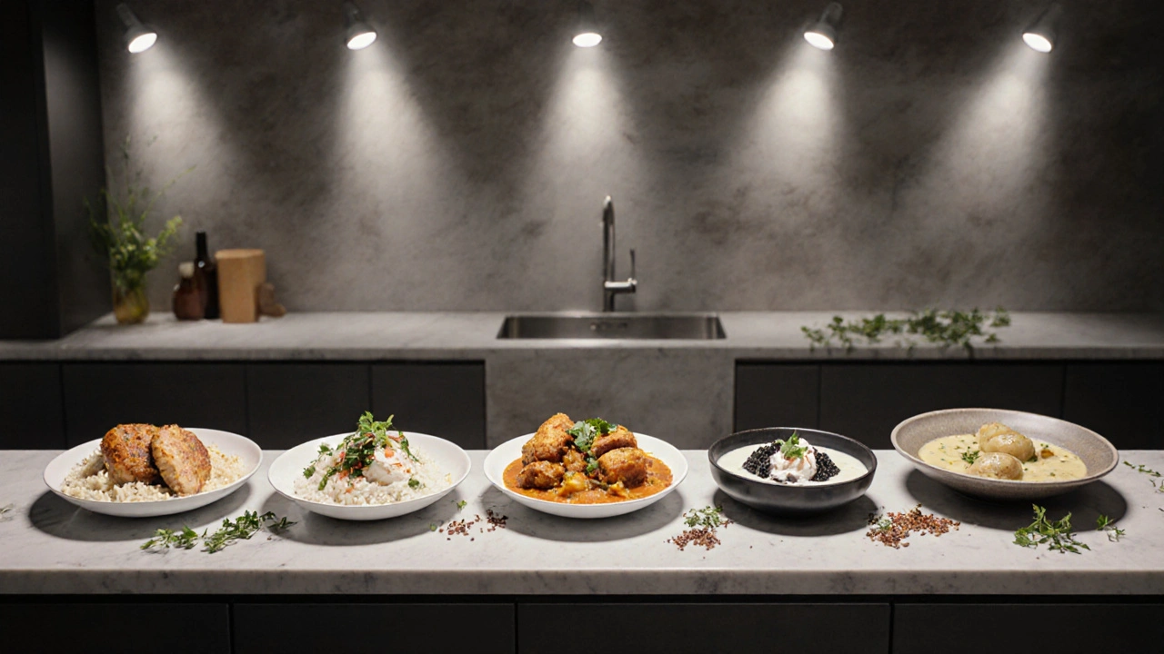 Pět různých pokrmů z kuřecího masa na stole: karbanáty, curry, rizoto, polévka a omáčka.