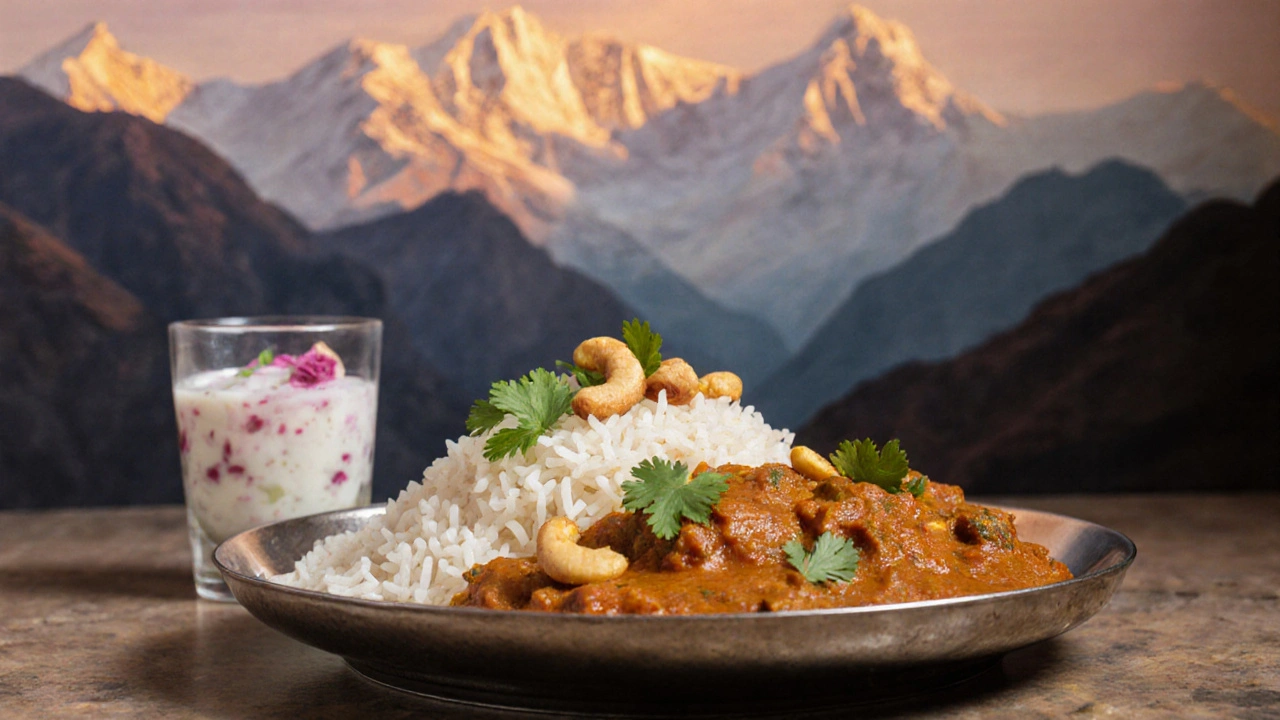 Podávání basmati rýže s kari a čerstvými kořením na tradičním talíři.