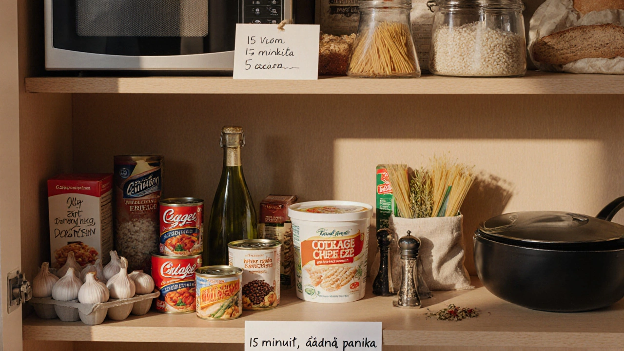 Polička s 12 základními ingrediencemi pro rychlé večeře v české kuchyni.