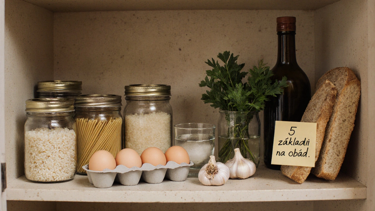 Polička s základními ingrediencemi pro rychlé obědy: rýže, těstoviny, vejce, tvaroh, česnek a olej.