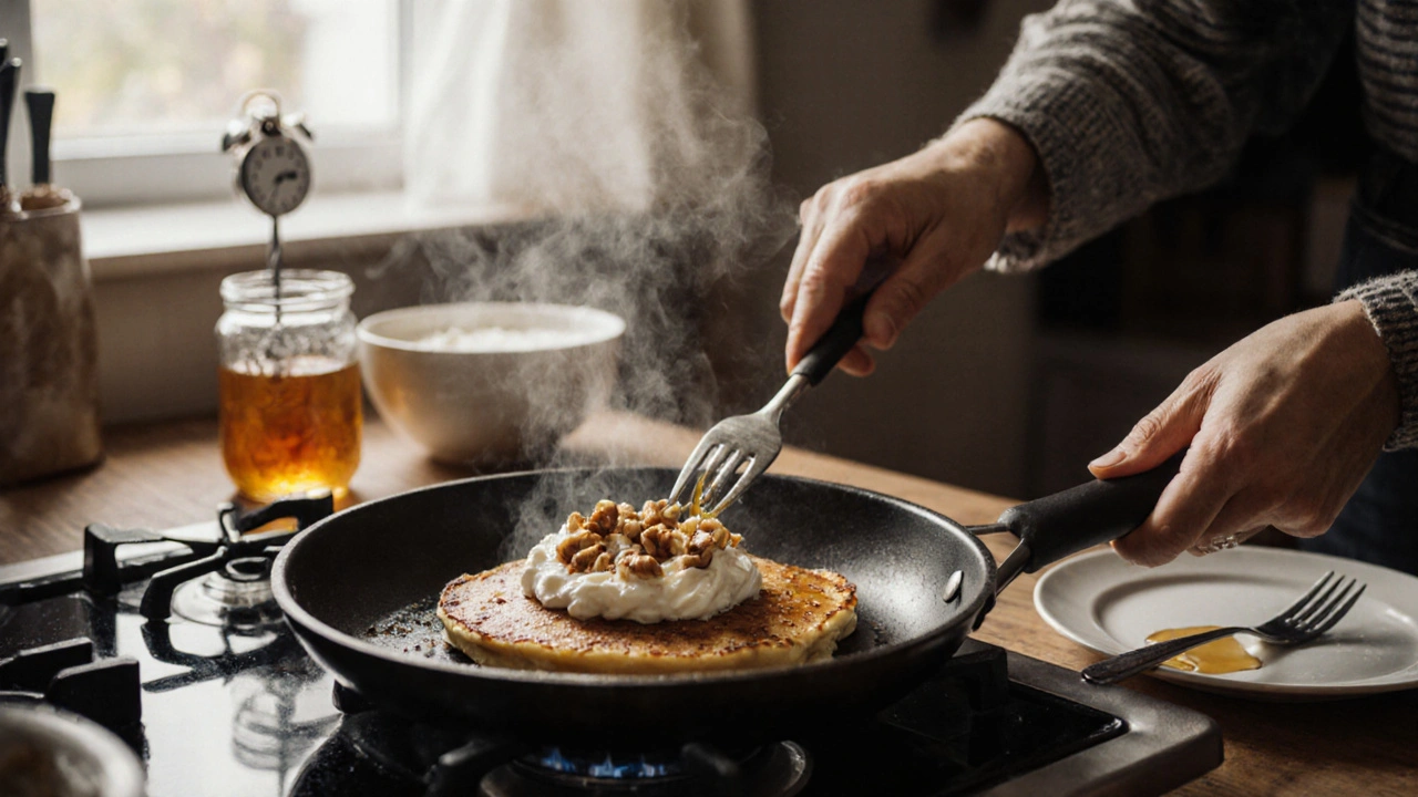 Příprava palačinky s tvarohem a oříšky na pánvi v kuchyni.