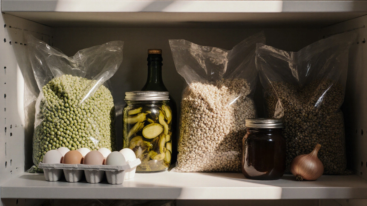 Regál s levnými základními surovinami pro českou domácí kuchyni.