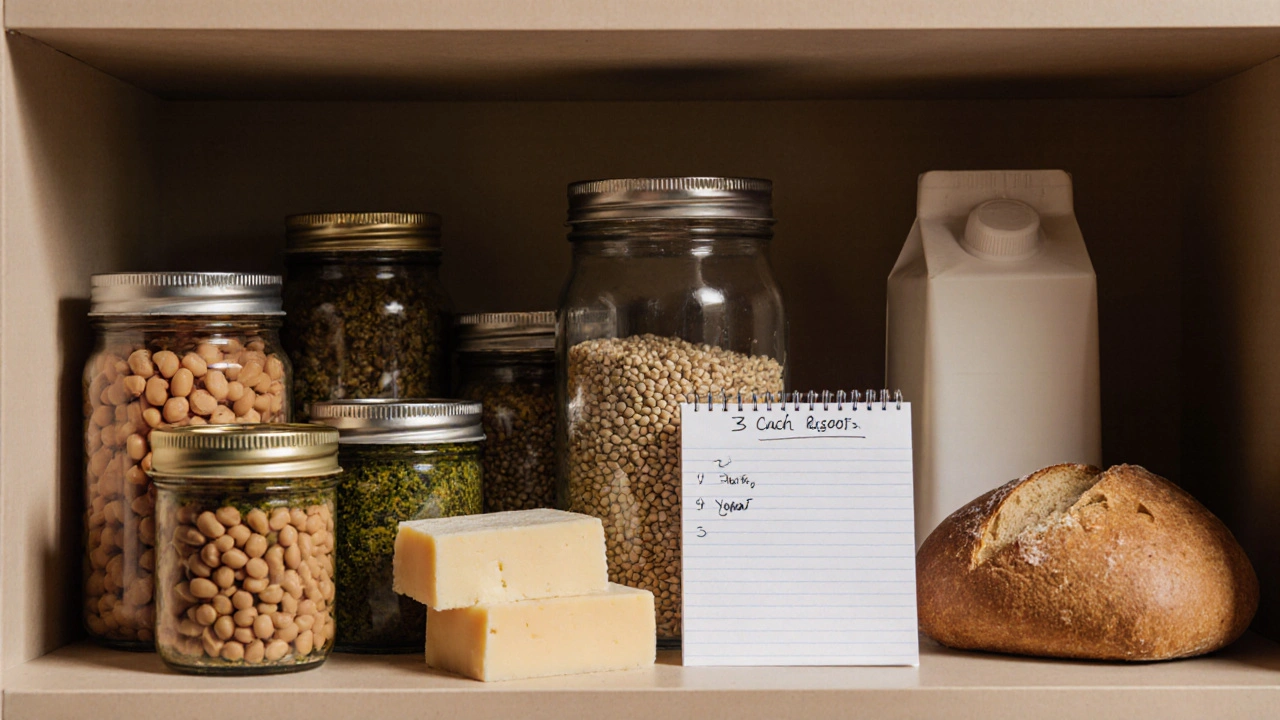 Regál s základními potravinami pro rychlý oběd: fazole, pesto, jogurt a rýže.