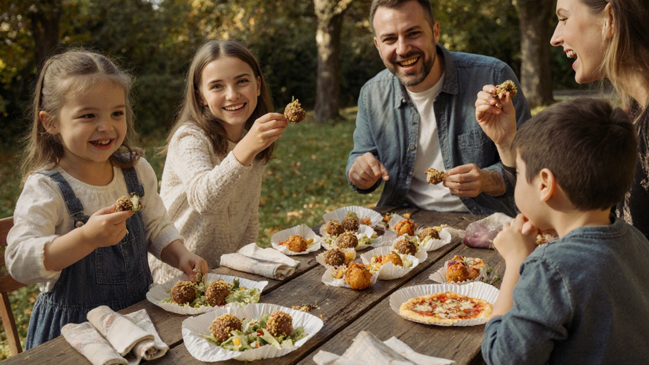 Rodina si na venkovské oslavě bere chutné kousky jídla z dřevěného stolu.